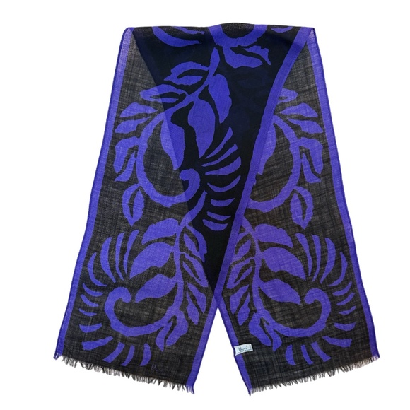 Vera Japan 100% Wool Scarf 🇯🇵 – Black & Violet Abstract Floral - 11" x 50" - Picture 4 of 10